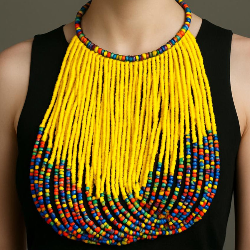 Woman wearing a colorful beaded necklace 