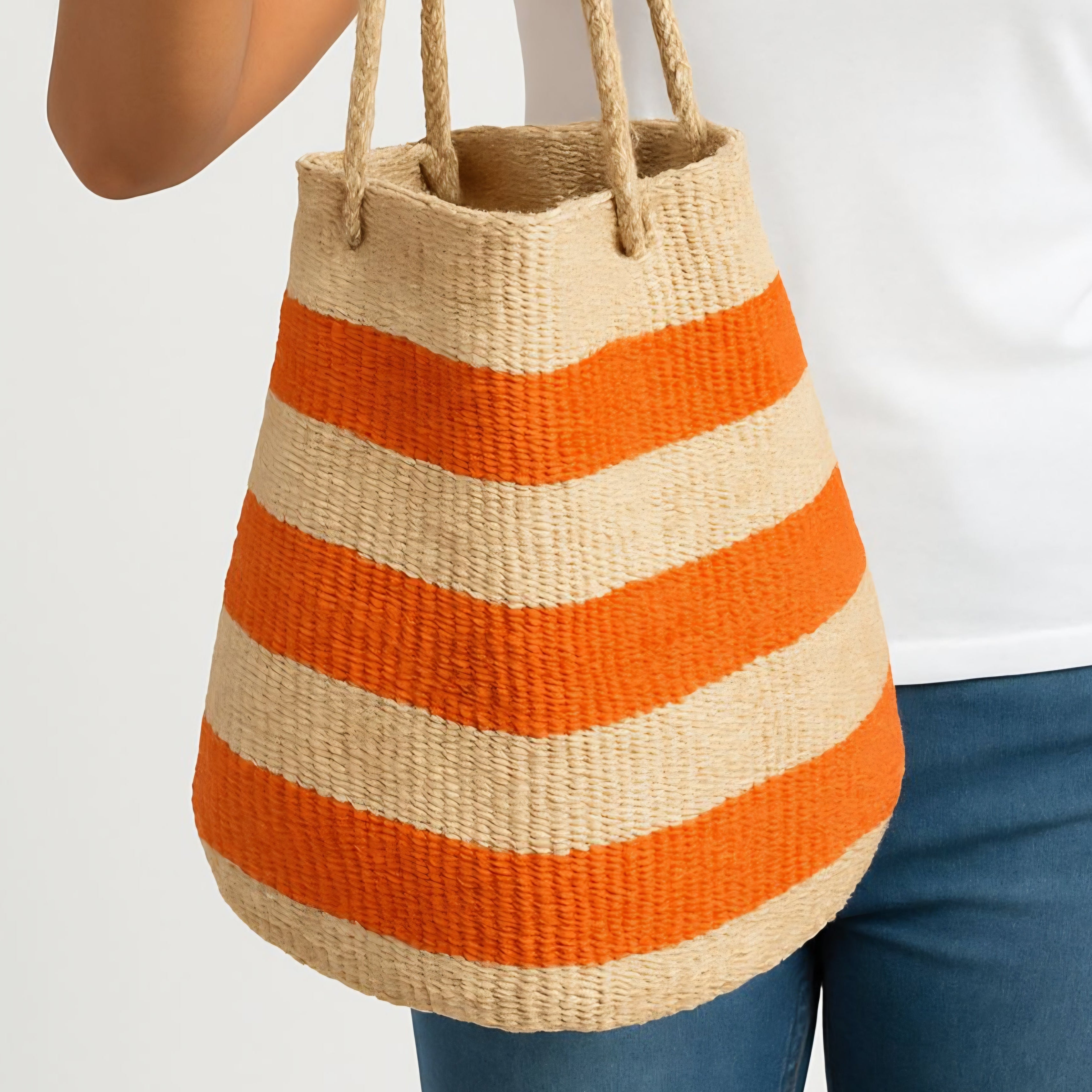 Sunset Stripe Tote – Handwoven Orange & Natural Bag