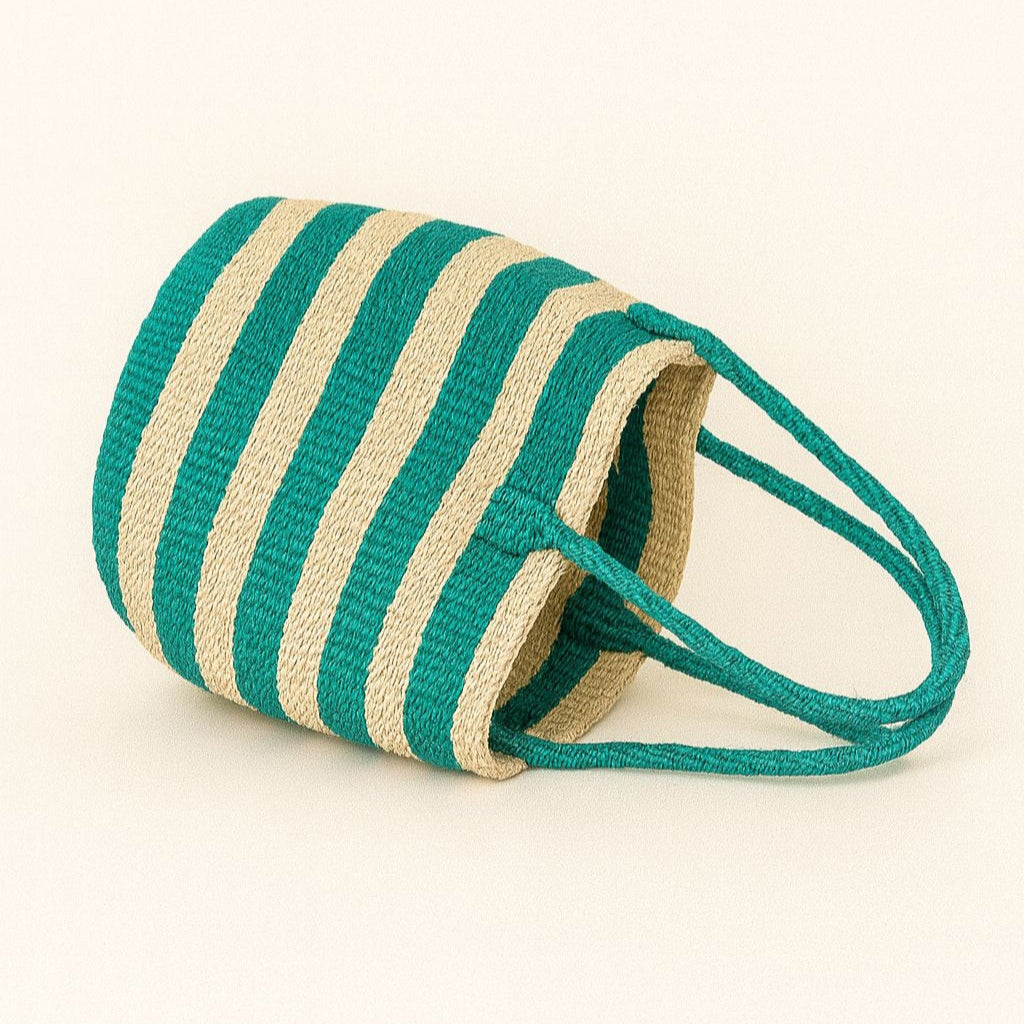 Woven bag with green and beige stripes 