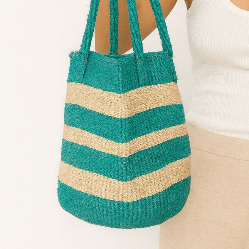 Handwoven Green & Cream Stripe Tote Bag