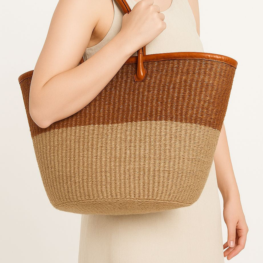 Two-Tone Handwoven Tote with Leather Handles