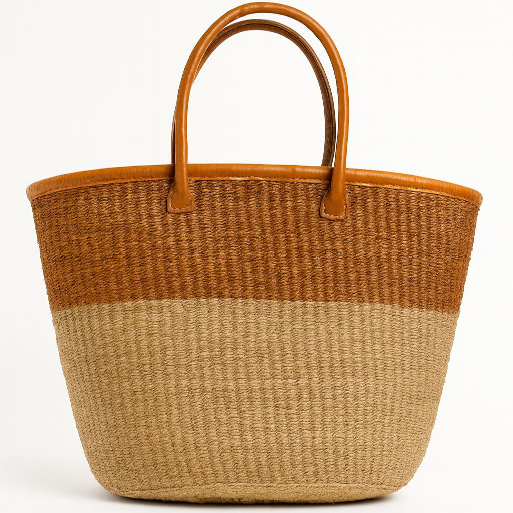 Two-Tone Handwoven Tote with Leather Handles