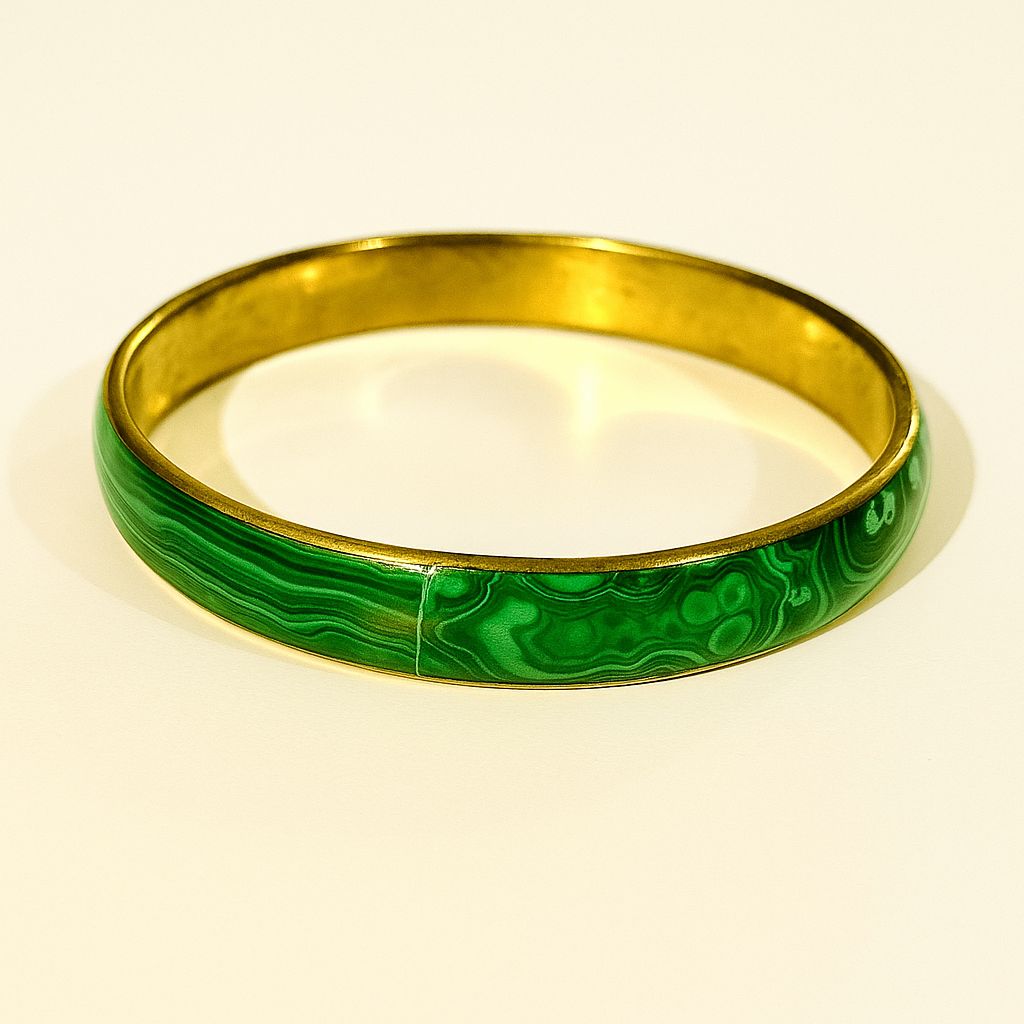Handcrafted Green Malachite-Style Bangle with Gold-Tone Finish